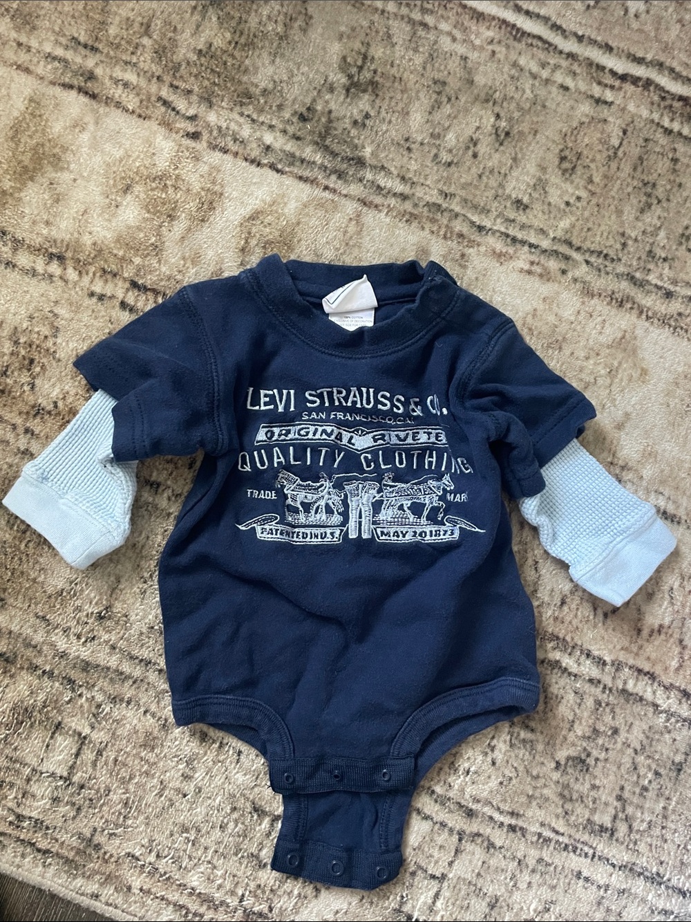 Levi's Navy Baby Onesie with Light Blue Layered Sleeves